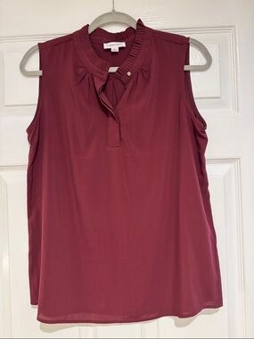 Calvin Klein Sleeveless Ruffle-Neck Shell in Wine